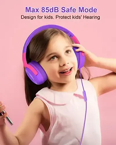 ELECDER Детские наушники, проводные наушники S8 для детей с микрофоном для мальчиков и девочек, регулируемое ограничение громкости 85 дБ/94 дБ, разъем 3,5 мм для школы/Kindle/смартфонов/планшетов/путешествий на самолете (фиолетовый/красный) - ELECDER (1)