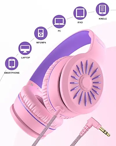 ELECDER i45 Kids Headphones with Cord Wired Headphone for School, Pink | 5ft Long Cord, Foldable, Stereo Aux 3.5mm Headset for Classroom Boys Girls Toddler Chromebook Computer iPad Airplane Travel - 5