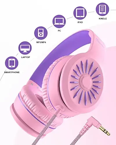ELECDER i45 On-Ear Headphones with Microphone - Foldable Stereo Bass Headphones with No-Tangle 1.5M Cord, 3.5MM Jack, Portable Wired Headphones for School/Kids/Teens/Smartphones/Travel/Tablet - Pink - 5