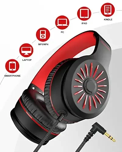 ELECDER i45 On-Ear Headphones with Microphone - Foldable Stereo Bass Headphones with No-Tangle 1.5M Cord, 3.5MM Jack, Portable Wired Headphones for School/Kids/Teens/Smartphones/Travel/Tablet - Red - 5