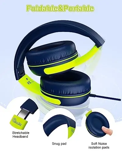 ELECDER Kids Headphones, S8 Wired Headphones for Kids with Microphone for Boys Girls, Adjustable 85dB/94dB Volume Limited, 3.5 mm Jack for School/Kindle/Smartphones/Tablet/Airplane Travel(Navy/Green) - 4