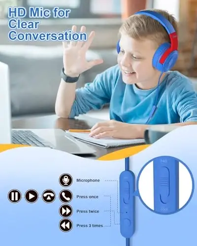 ELECDER S8 Kids Headphones, Wired Headphones for Kids Boys Girls, Adjustable 85dB/94dB Volume Limited, 3.5 mm Jack for School, Kindle, Smartphones, Tablet, Airplane Travel(Blue&Red) - 3
