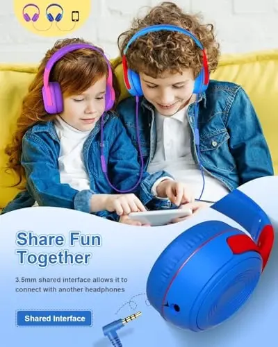 ELECDER S8 Kids Headphones, Wired Headphones for Kids Boys Girls, Adjustable 85dB/94dB Volume Limited, 3.5 mm Jack for School, Kindle, Smartphones, Tablet, Airplane Travel(Blue&Red) - 5