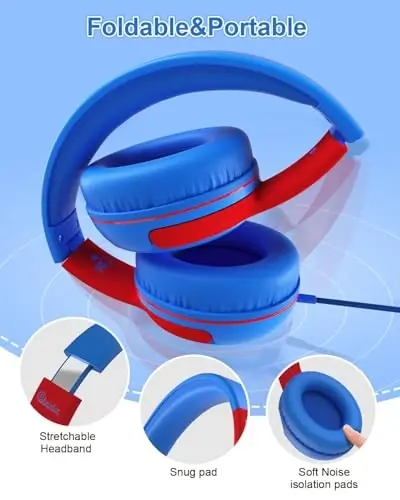 ELECDER S8 Kids Headphones, Wired Headphones for Kids Boys Girls, Adjustable 85dB/94dB Volume Limited, 3.5 mm Jack for School, Kindle, Smartphones, Tablet, Airplane Travel(Blue&Red) - 4