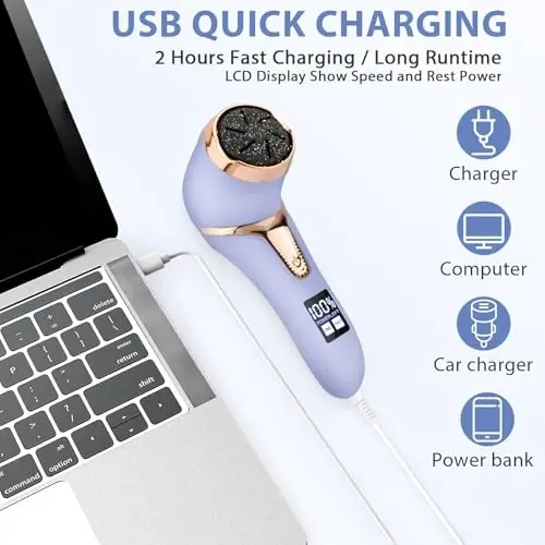 Electric Callus Remover for Feet, Portable Pedicure Kit Foot File Callus Remover, Rechargeable Waterproof Foot File for Foot Care Deadskin Remover with 9Head&LCD Display, Purple - 5