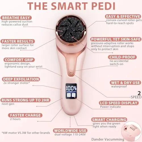 Electric Callus Remover for Feet (with Dander Vacuum Cleaner), Rechargeable Foot Callus Remover Pedicure Tools Foot File, Professional Foot Care Kit Deadskin Remover with 9Heads&2Speed,LCD Display - 4