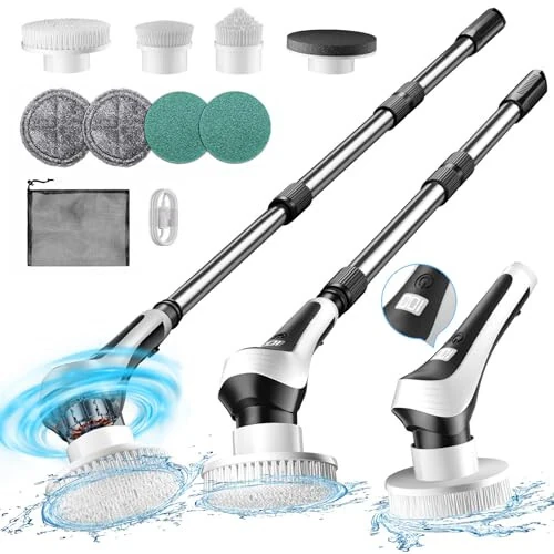 Electric Spin Scrubber, Cordless Shower Scrubber with Power Display Screen, IP68 Waterproof Bath Cleaning Brush, Adjustable Extension Handle & 2 Speeds, Electric Cleaning Brush for Bathroom, Kitchen, Tub - EMETE
