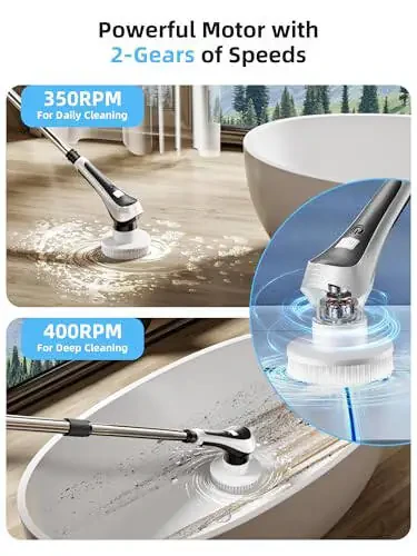 Electric Spin Scrubber, Cordless Shower Scrubber with Power Display Screen, IP68 Waterproof Bath Cleaning Brush, Adjustable Extension Handle & 2 Speeds, Electric Cleaning Brush for Bathroom, Kitchen, Tub - 3