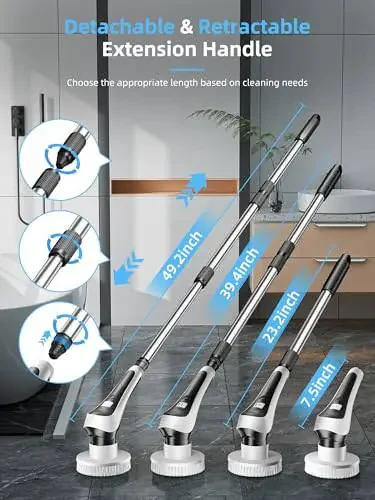 Electric Spin Scrubber, Cordless Shower Scrubber with Power Display Screen, IP68 Waterproof Bath Cleaning Brush, Adjustable Extension Handle & 2 Speeds, Electric Cleaning Brush for Bathroom, Kitchen, Tub - 4