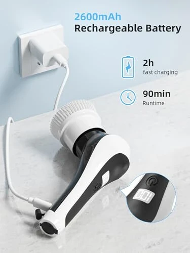Electric Spin Scrubber, Cordless Shower Scrubber with Power Display Screen, IP68 Waterproof Bath Cleaning Brush, Adjustable Extension Handle & 2 Speeds, Electric Cleaning Brush for Bathroom, Kitchen, Tub - 6