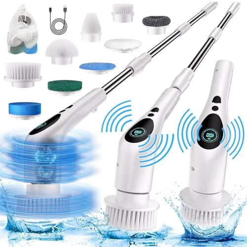 Electric Spin Scrubber, Electric Spin Cordless Tub and Tile Scrubber with Voice Broadcasting 3 Speed 9 Replaceable Clean Heads Power Spin Scrubbers - TiKenSo