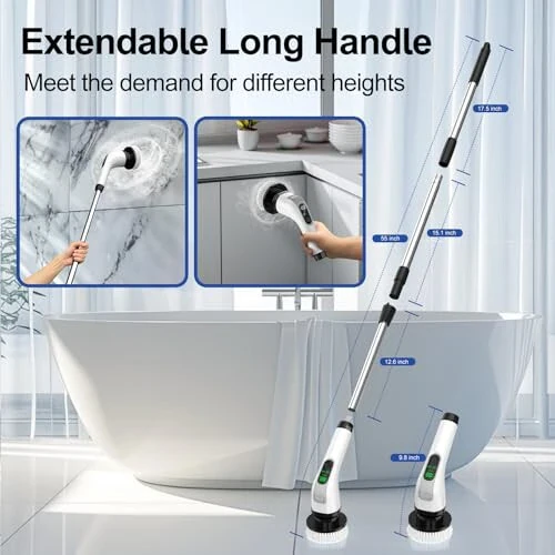Electric Spin Scrubber with Long Handle: ALPONO Cordless Power Shower Scrubber Spin Brush with 7 Brush Replacement Heads for Cleaning Bathroom, Tub, Tile (Black) - 4