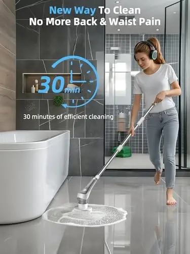 Electric Spin Scrubber,Cordless Shower Scrubber with Power Display Screen,IP68 Waterproof Bath Cleaning Brush,Adjustable Extension Handle & 2 Speeds,Electric Cleaning Brush for Bathroom,Kitchen,Tub - 2