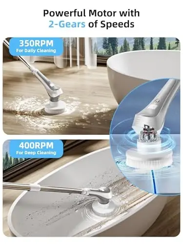 Electric Spin Scrubber,Cordless Shower Scrubber with Power Display Screen,IP68 Waterproof Bath Cleaning Brush,Adjustable Extension Handle & 2 Speeds,Electric Cleaning Brush for Bathroom,Kitchen,Tub - 3