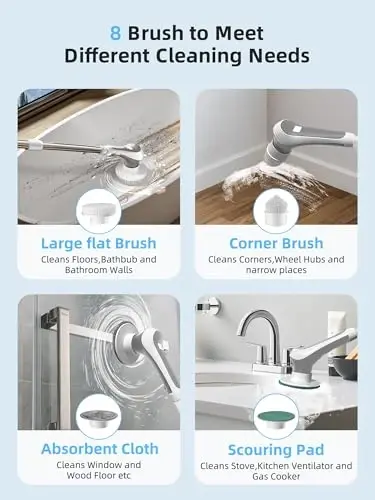 Electric Spin Scrubber,Cordless Shower Scrubber with Power Display Screen,IP68 Waterproof Bath Cleaning Brush,Adjustable Extension Handle & 2 Speeds,Electric Cleaning Brush for Bathroom,Kitchen,Tub - 7