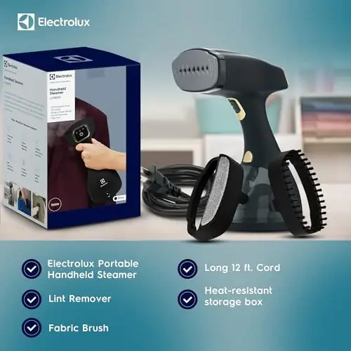 Electrolux 1500 vattlik ko'chma qo'lda kiyim va mato bug'laydigan apparati, tez qizdiriladigan seramika plastinka bug' meme, 2 ta 1 ta mato ajinlarni yo'qotish va kiyimni dazmollash, mato, tuklarni tozalash cho'tkasi va bug' meme bilan - 6