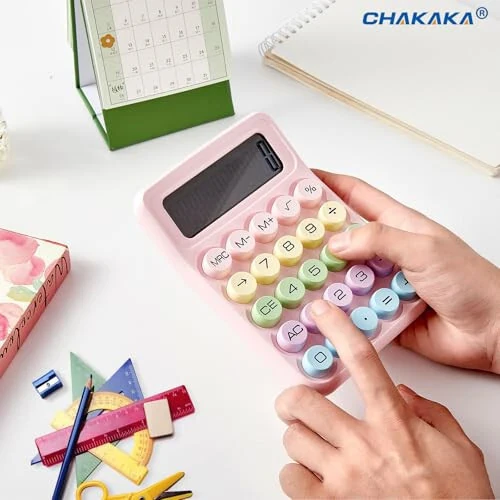 Electronic Calculator, 12 Digits Large LCD Display Small Desktop Calculator, Pink Basic Calculators with Big Buttons, Easy to Press Mechanical Switch Calculator Office Supplies for Home and School (Pink) - CHAKAKA (1)