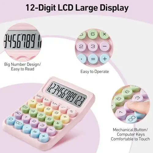 Electronic Calculator, 12 Digits Large LCD Display Small Desktop Calculator, Pink Basic Calculators with Big Buttons, Easy to Press Mechanical Switch Calculator Office Supplies for Home and School (Pink) - 4
