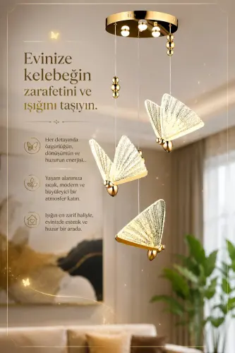 Butterfly Avize Üçlü Sarkıt Led Avize Rose Gold Sarı Harika Görsel Gün Işığı - Gold Sarı - 1
