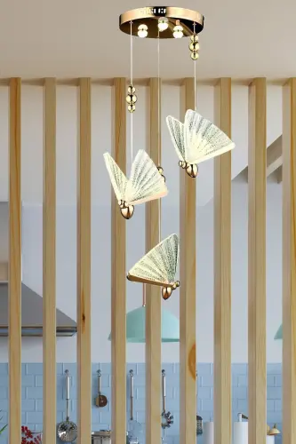 Butterfly Avize Üçlü Sarkıt Led Avize Rose Gold Sarı Harika Görsel Gün Işığı - Gold Sarı - 5
