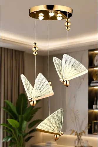 Butterfly Avize Üçlü Sarkıt Led Avize Rose Gold Sarı Harika Görsel Gün Işığı - Gold Sarı - 8