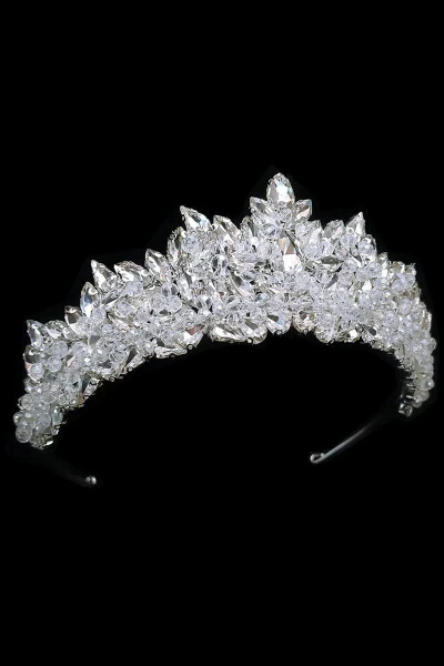 Elegant Bridal Crown Princess Model Crystal Bead Embroidered 7cm High - Modazone