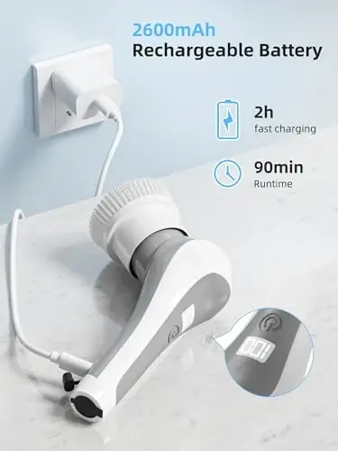 Elektr spinli cho'tka, quvvat displeyli simsiz dush cho'tkasi, IP68 suv o'tkazmaydigan hammom tozalash cho'tkasi, sozlanishi kengaytma dastasi va 2 tezlik, hammom, oshxona, vanna uchun elektr tozalash cho'tkasi - 6