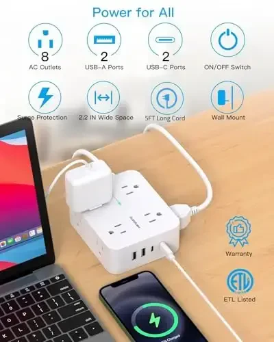Elektr ta'minoti tarmoqli filtrlari - HANYCONY 8 keng rozetka, 4 USB porti (2 USB C), 3 tomonli rozetka uzaytirgichi, 5 fut uzaytirish shnuri, uy ofisi, kollej yotoqxonasi uchun ideal - HANYCONY (1)