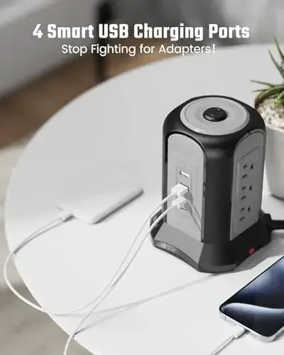Elektr tarmog'i minorasi kuchlanishdan himoyachisi, SUPERDANNY stol usti zaryadlash stantsiyasi, 10 futlik uzaytirgich, 9 rozetka, 4 USB porti, 1080 Joul, 3 tishli, topraklama, uy, ofis uchun ko'plab himoyalar, qora - 3