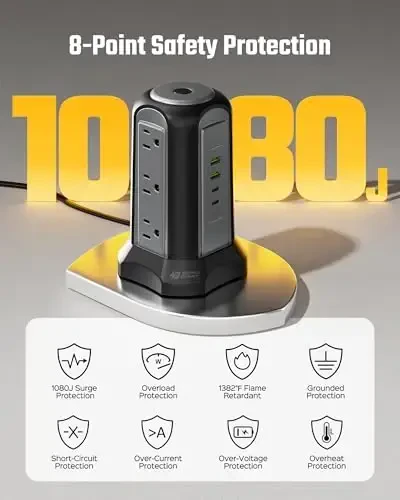 Elektr tarmog'i minorasi kuchlanishdan himoyalovchi, SUPERDANNY stol usti zaryadlash stantsiyasi, 6,5 fut tekis vilka uzaytirgichi, 9 rozetka, 4 USB (2 USB-C), 1080J, uy, ofis, yotoqxona uchun bir nechta himoya rozetka uzaytirgichi - 6