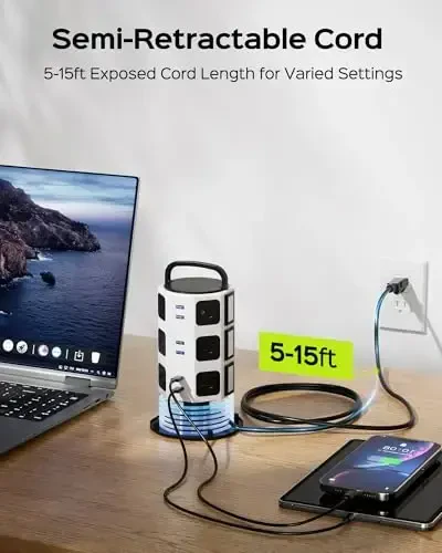 Elektr tarmoqli filtr minorasi, JACKYLED 1625W 13A chiqishli elektr minorasi, 12 chiqish, 6 USB portli zaryadlash stansiyasi, 16AWG 15ft og'ir yukli uzaytirgich uy ofisi uchun - 3