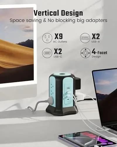 Elektr uzatgich minorasi, SUPERDANNY stol usti zaryadlash stansiyasi, 10 Ft uzaytma shnuri, 9 ta rozetka, 4 USB porti, 1080 Joull, 3 tishli, topraklanmış, uy, ofis uchun bir nechta himoya, ko'k - 3