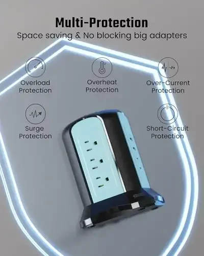 Elektr uzatgich minorasi, SUPERDANNY stol usti zaryadlash stansiyasi, 10 Ft uzaytma shnuri, 9 ta rozetka, 4 USB porti, 1080 Joull, 3 tishli, topraklanmış, uy, ofis uchun bir nechta himoya, ko'k - 4
