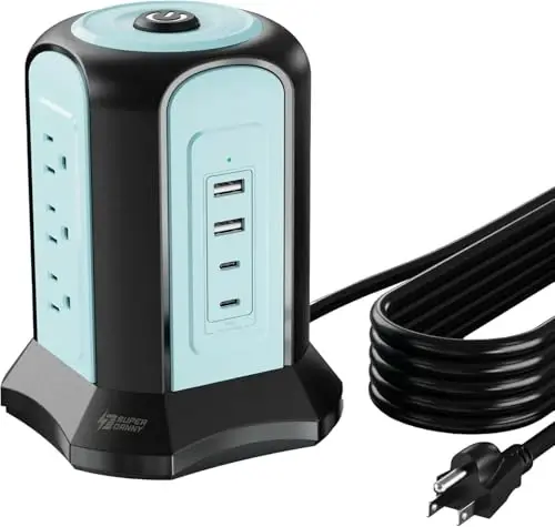 Elektr uzatgich minorasi, SUPERDANNY stol usti zaryadlash stansiyasi, 10 Ft uzaytma shnuri, 9 ta rozetka, 4 USB porti, 1080 Joull, 3 tishli, topraklanmış, uy, ofis uchun bir nechta himoya, ko'k - SUPERDANNY