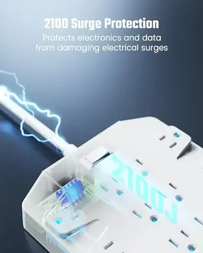 Power Strip, SUPERDANNY Surge Protector with 22 Outlets, 2 USB-C and 4 USB-A, 2100J, 6.5Ft Flat Plug Heavy Duty Extension Cord (1875W/15A), Wall Mountable for Home, Office, Dorm, Gaming Room, White - 5