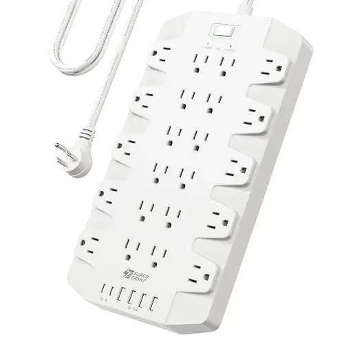 Power Strip, SUPERDANNY Surge Protector with 22 Outlets, 2 USB-C and 4 USB-A, 2100J, 6.5Ft Flat Plug Heavy Duty Extension Cord (1875W/15A), Wall Mountable for Home, Office, Dorm, Gaming Room, White - 1