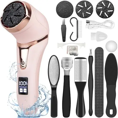 Elektrikli Ayak Nasır Sökücü (Vakum Süpürgeli), Şarj Edilebilir Ayak Nasır Giderici Pedikür Aletleri Ayak Törpüsü, 3 Başlıklı ve 2 Hızlı Profesyonel Ayak Bakım Seti Ölü Deri Giderici, LCD Ekran-Pembe - 1