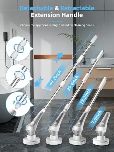 Electric Spin Scrubber,Cordless Shower Scrubber with Power Display Screen,IP68 Waterproof Bath Cleaning Brush,Adjustable Extension Handle & 2 Speeds,Electric Cleaning Brush for Bathroom,Kitchen,Tub - 4