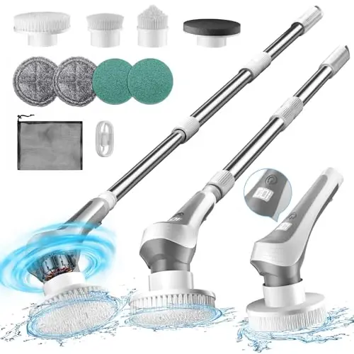 Electric Spin Scrubber,Cordless Shower Scrubber with Power Display Screen,IP68 Waterproof Bath Cleaning Brush,Adjustable Extension Handle & 2 Speeds,Electric Cleaning Brush for Bathroom,Kitchen,Tub 