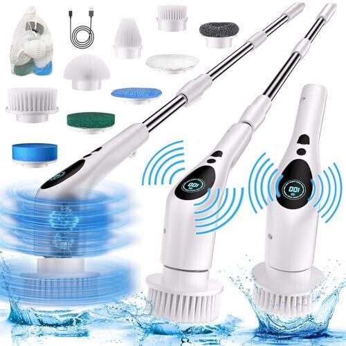 Electric Spin Scrubber, Electric Spin Cordless Tub and Tile Scrubber with Voice Broadcasting 3 Speed 9 Replaceable Clean Heads Power Spin Scrubbers - TiKenSo