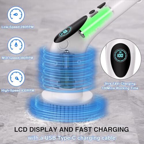 Electric Spin Scrubber, Electric Spin Cordless Tub and Tile Scrubber with Voice Broadcasting 3 Speed 9 Replaceable Clean Heads Power Spin Scrubbers - 3