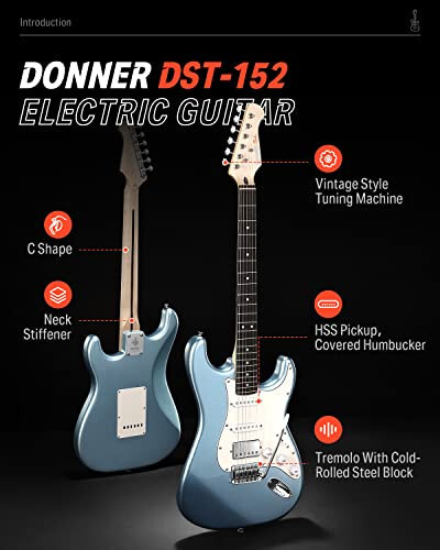 Электрогитара Donner DST-152R, комплект для начинающих электрогитаристов, 39 дюймов, звукосниматель HSS с разделением катушек, стартовый набор гитариста с усилителем, сумкой и всеми аксессуарами, металлический ледяной голубой - 2