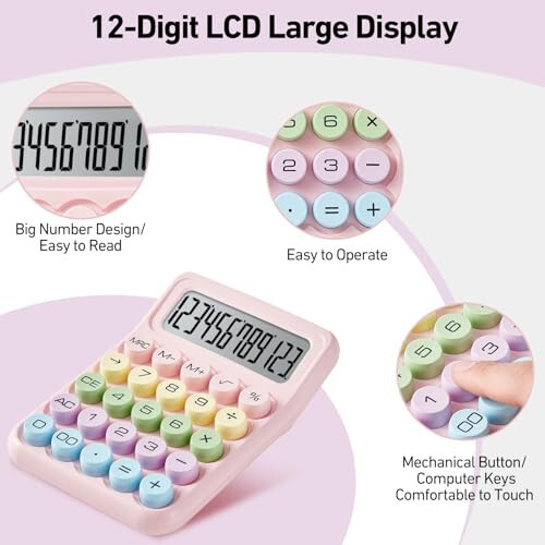 Electronic Calculator,12 Digits Large LCD Display Small Desktop Calculators,Pink Basic with Big Buttons,Easy to Press Mechanical Switch Calculator,4 Function Office Supplies for Home and School (Pink) - 4