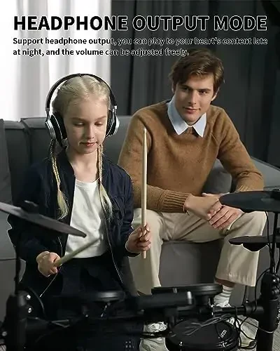 Электронная ударная установка AODSK, электронная ударная установка для начинающих со 150 звуками, ударная установка с 4 тихими электронными ударными пэдами, 2 педалями переключения, барабанным троном, барабанными палочками, наушниками - AED-400 - 5