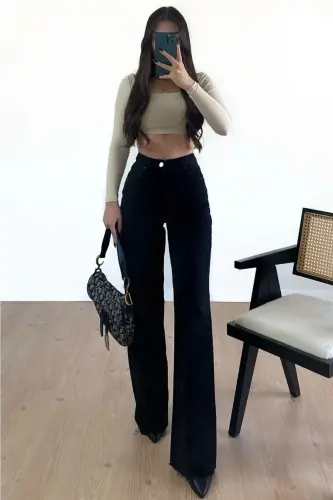Elena Black Baggy Extra High Waist Lycra Palazzo Denim Pants-Blacksls - 1