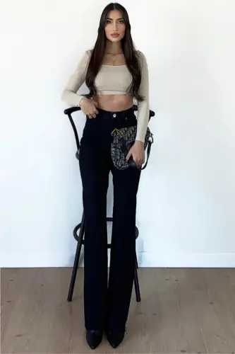 Elena Black Baggy Extra High Waist Lycra Palazzo Denim Pants-Blacksls - 3