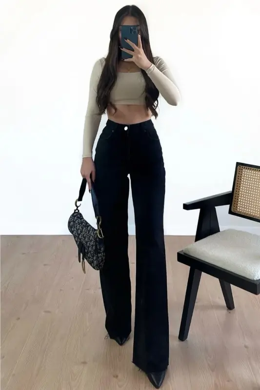 Elena Black Baggy Extra High Waist Lycra Palazzo Denim Pants-Blacksls - BROSERER