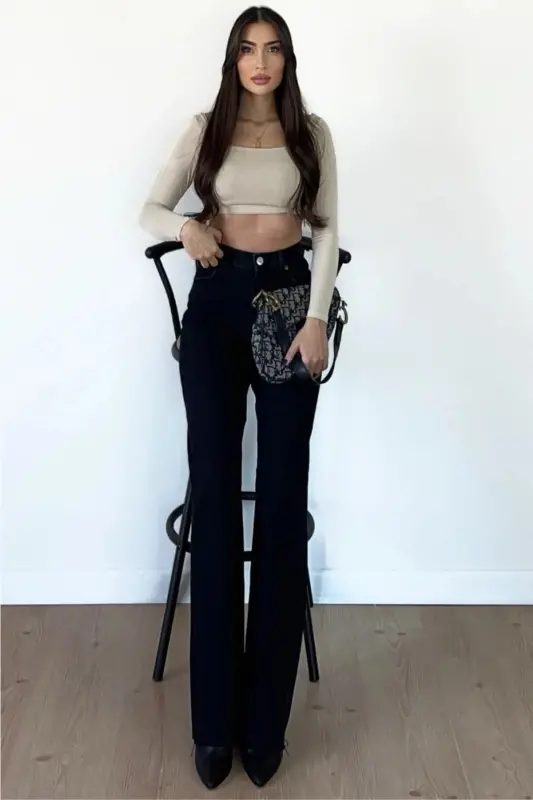 Elena Black Baggy Extra High Waist Lycra Palazzo Denim Pants-Blacksls - 3