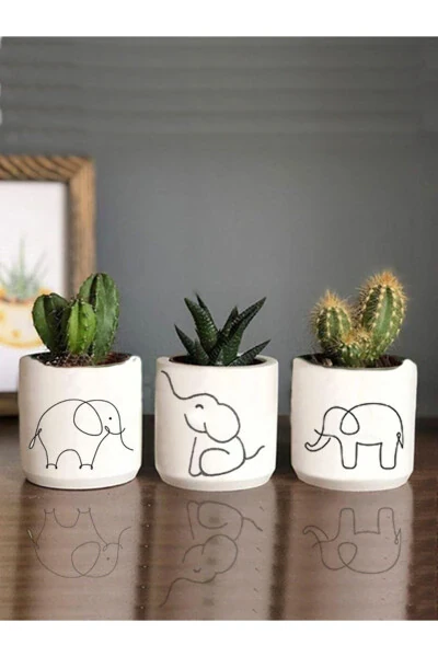 Elephant Patterned Concrete Planter Set of Three - Small Succulent Planter Drawing Prosperity Gift - GENEL MARKALAR (1)
