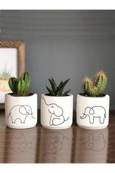 Elephant Patterned Concrete Planter Set of Three - Small Succulent Planter Drawing Prosperity Gift - GENEL MARKALAR